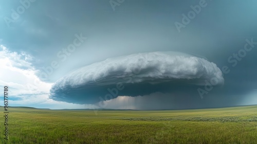 Thunderclouds forming over a vast plain, stormy weather, tension in the air photo