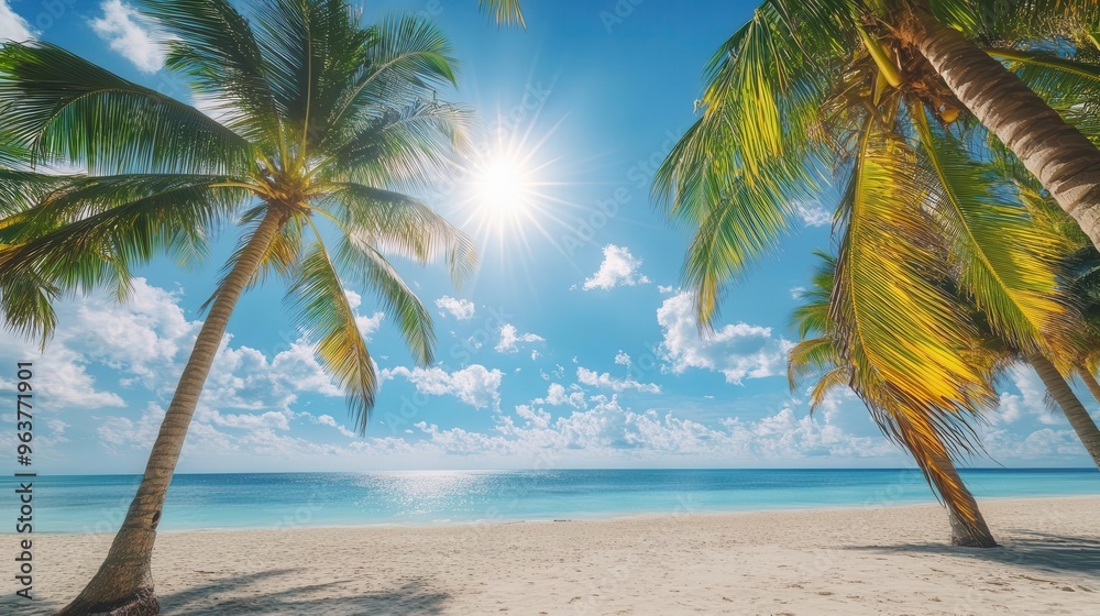 Tropical sun shining brightly over a palm-lined beach, warm weather, summer vibes Tropical sun shining brightly over a palm-lined beach, warm weather, summer vibes