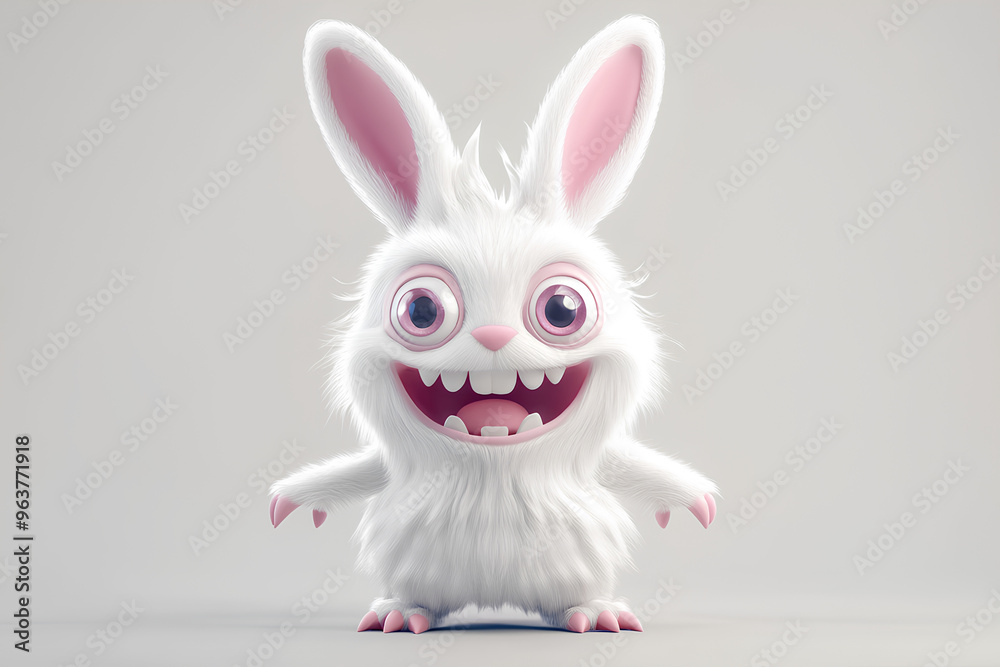 Fototapeta premium A cute white cartoon bunny with big eyes and a toothy grin stands on a white background.