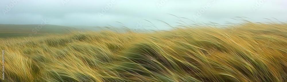 Wind sweeping across an open field, bending tall grass, breezy weather, dynamic motion