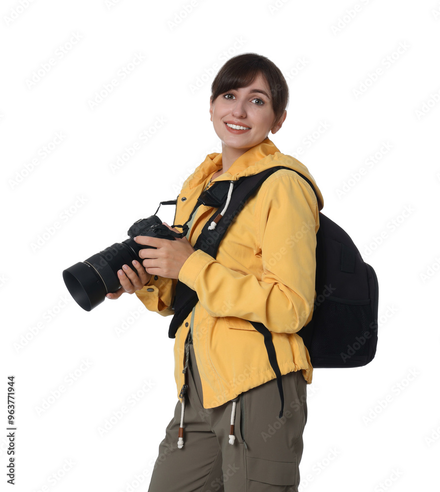 Photographer with backpack and camera on white background Photographer with backpack and camera on white background