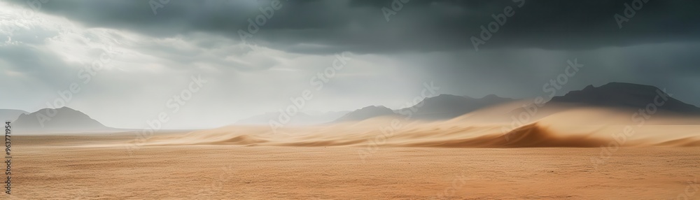 Windstorm blowing sand across a desert landscape, harsh weather, intense wind Windstorm blowing sand across a desert landscape, harsh weather, intense wind
