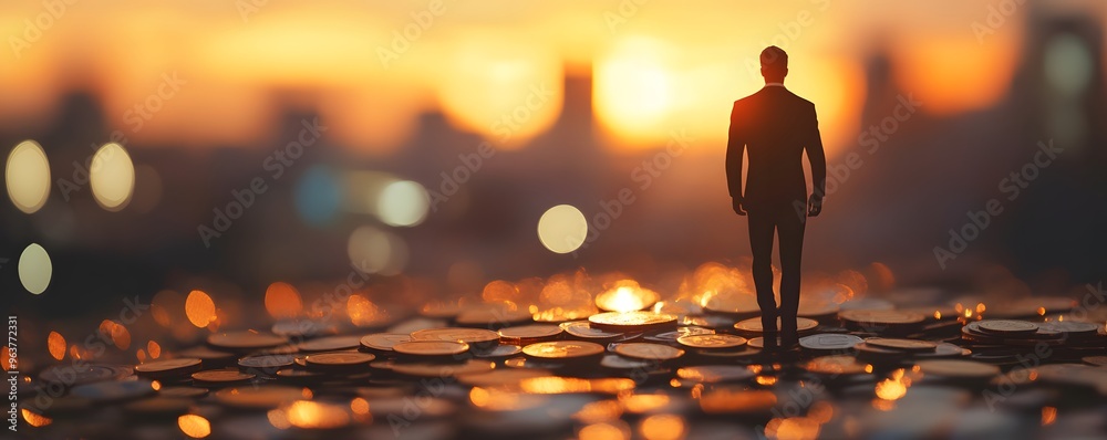 Silhouette of a Man Standing on a Pile of Coins at Sunset Silhouette of a Man Standing on a Pile of Coins at Sunset