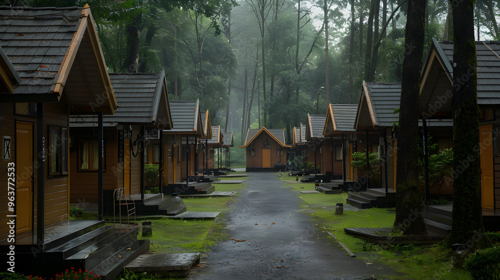 Row after row of cozy holiday cabins nestled among the trees in a peaceful forest resort.