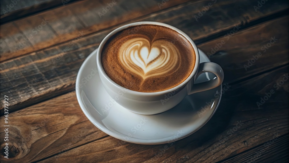 A top-down view of a white coffee cup featuring a perfectly crafted heart-shaped latte art in creamy froth, sitting on a clean, white background. The soft brown tones of the coffee blend beautifully A top-down view of a white coffee cup featuring a perfectly crafted heart-shaped latte art in creamy froth, sitting on a clean, white background. The soft brown tones of the coffee blend beautifully