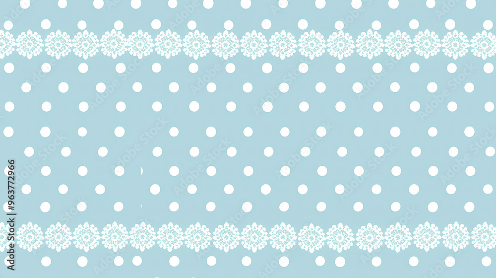 Light blue background with white polka dots and lace border, seamless pattern, pastel color palette Light blue background with white polka dots and lace border, seamless pattern, pastel color palette