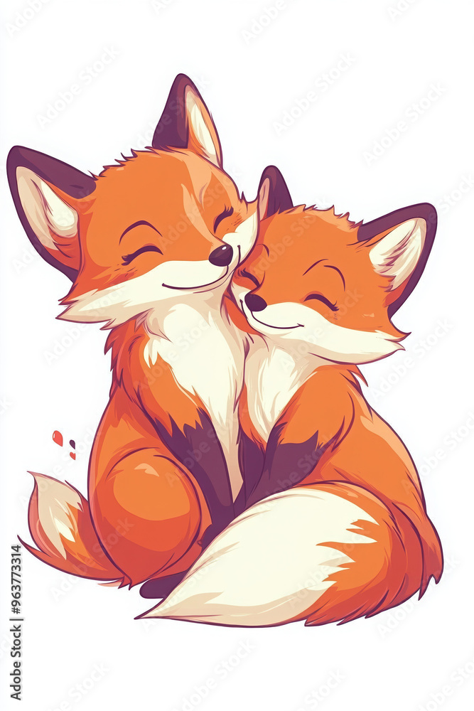 Fototapeta premium fox cute animal love couple wildlife portrait illustration orange furry nature friendship art drawing happy adorable emotions together characters cartoon 
