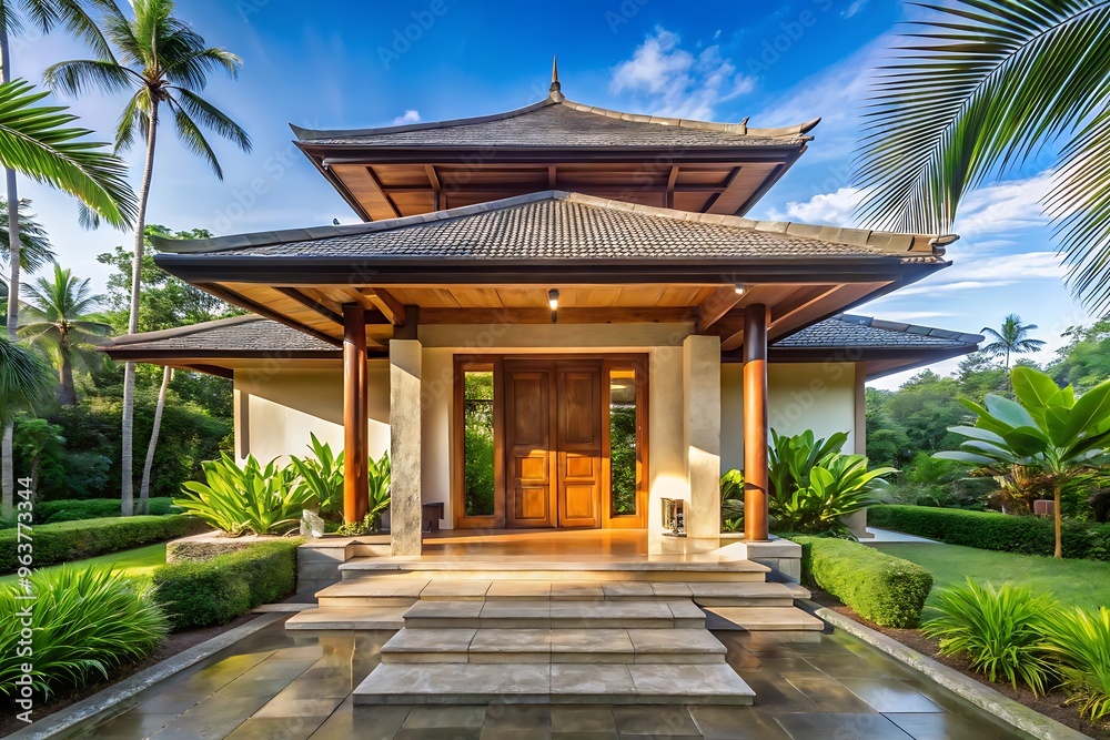 Fototapeta premium Modern main entrance door, bali villa style at forest with blue sky background.