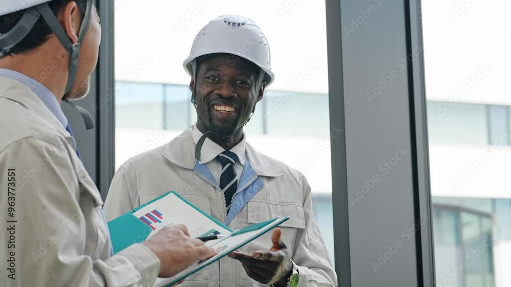 Group of multinational engineers having a conversation in a building