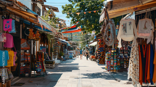 Rows of colorful souvenir shops lining a crowded tourist street, filled with trinkets and gifts.