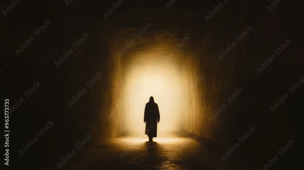 Resurrection. Silhouette of a man in a dark cave with light coming through. Resurrection. Silhouette of a man in a dark cave with light coming through.
