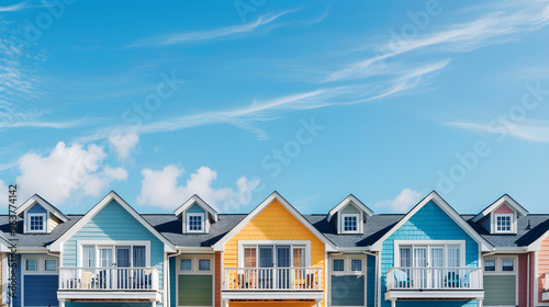 Rows of identical vacation rental properties in a sunny beach town under clear blue skies.