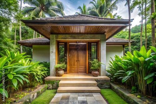 Modern main entrance door, bali villa style at forest with blue sky background.