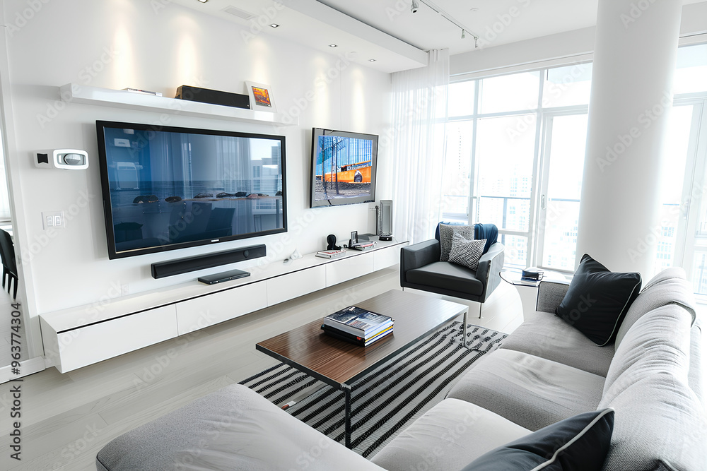 White living room with TV on the wall and coffee table, sofa in front of the television, home interior design White living room with TV on the wall and coffee table, sofa in front of the television, home interior design