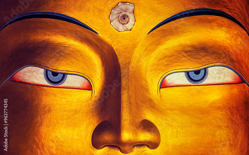 Maitreya Buddha face close up, Thiksey Gompa, Ladakh photo