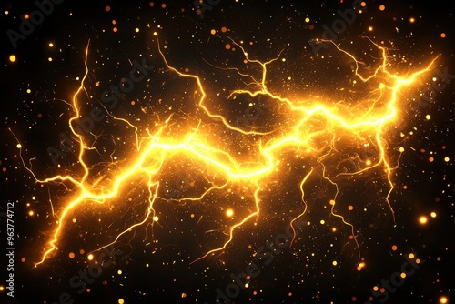 Powerful electrical lightning bolt discharge in fiery night sky