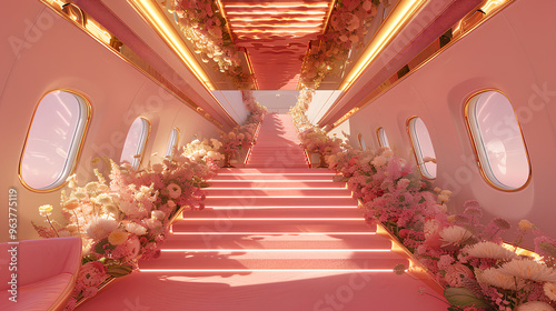 pink airplane with gold handcases and roses on the stairs, pastel aesthetic photo