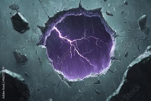 Powerful lightning bolt breaking through a cracked glass surface