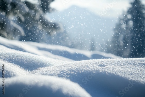 Snowy landscape with soft snowdrifts and gentle falling snow, set against a blurred background of winter trees and a cloudy sky