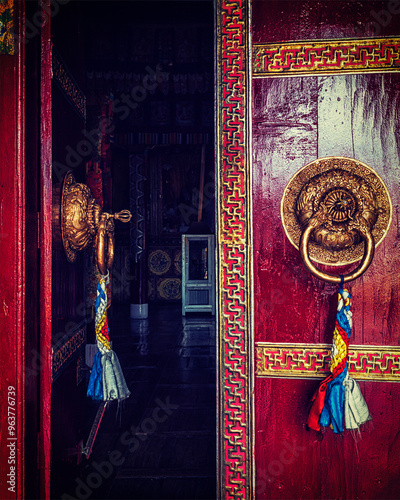 Open door of Spituk monastery. Ladakh, India photo