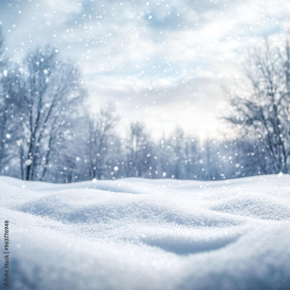 Snowy landscape with soft snowdrifts and gentle falling snow, set against a blurred background of winter trees and a cloudy sky Snowy landscape with soft snowdrifts and gentle falling snow, set against a blurred background of winter trees and a cloudy sky
