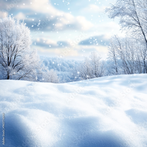 Snowy landscape with soft snowdrifts and gentle falling snow, set against a blurred background of winter trees and a cloudy sky