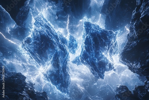 Powerful lightning storm in dramatic sky over rugged mountains