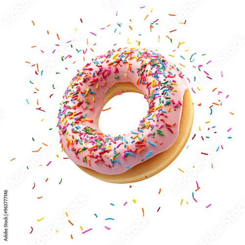 donut with sprinkles falling in motion isolated on transparent white background, clipping path