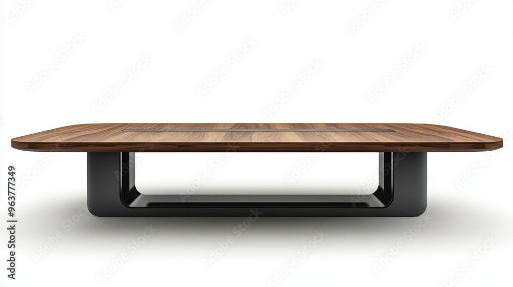 Elegant wooden coffee table with a modern design, featuring a striking contrast between the wood and metal base. Elegant wooden coffee table with a modern design, featuring a striking contrast between the wood and metal base.