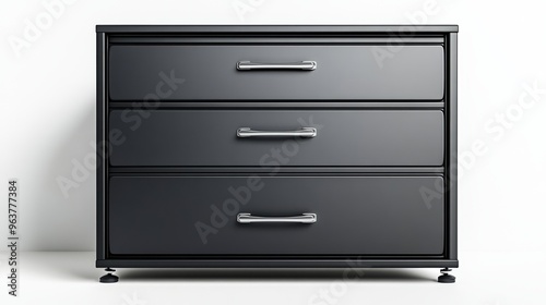 Modern black dresser with three spacious drawers, perfect for organizing clothing and accessories in any contemporary bedroom.