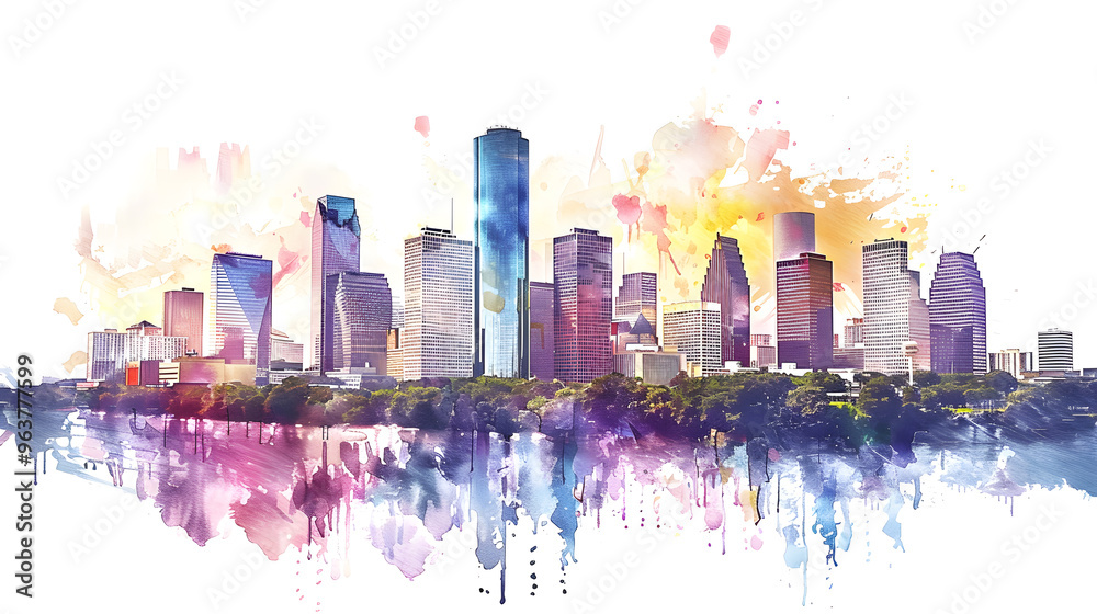 Obraz premium The watercolor painting represents a contemporary urban skyline in a vivid and dynamic way, with colorful splashes and reflections capturing the lively cityscape artistry