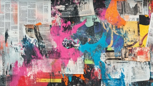 Abstract colorful collage of mixed media textures, featuring vibrant splashes and newspaper clippings in an artistic composition.