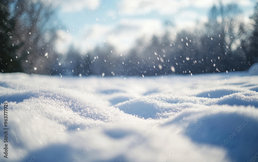 Snowy landscape with soft snowdrifts and gentle falling snow, set against a blurred background of winter trees and a cloudy sky Snowy landscape with soft snowdrifts and gentle falling snow, set against a blurred background of winter trees and a cloudy sky