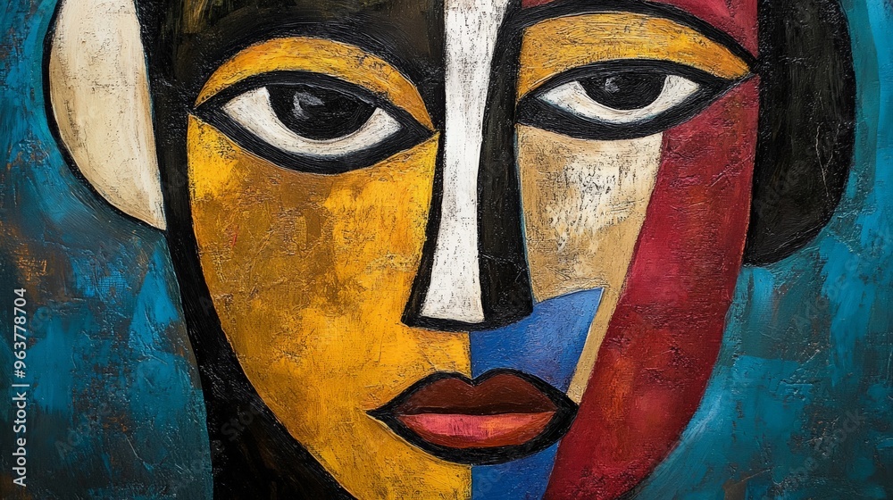 Abstract painting of a face with vibrant colors and geometric shapes. Modern art piece showcasing expressionist style. Abstract painting of a face with vibrant colors and geometric shapes. Modern art piece showcasing expressionist style.