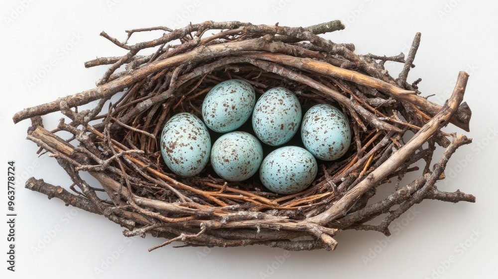 A bald eagle nest with detailed branches and eggs on a white background A bald eagle nest with detailed branches and eggs on a white background