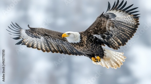 A bald eagle in flight against a simple white backdrop, ideal for dramatic or patriotic themes photo