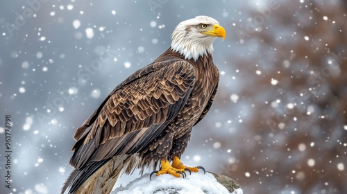 A bald eagle perched majestically on a white background, showcasing its regal posture photo