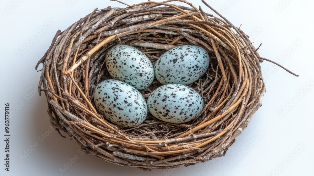 A detailed look at a bald eagle nest with eggs on a white background, showcasing its natural design A detailed look at a bald eagle nest with eggs on a white background, showcasing its natural design