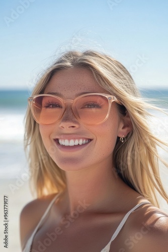 Stylish Beach Look with Chic Sunglasses and Smile