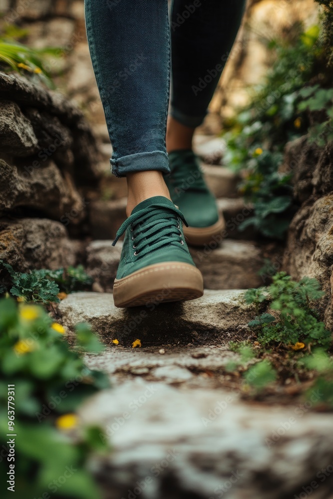 Casual Green Sneakers on Stone Pathway in Nature Casual Green Sneakers on Stone Pathway in Nature