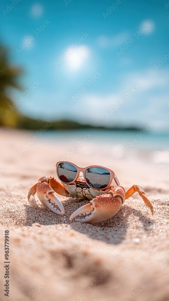 A crab with sunglasses scuttling across a sandy beach. A crab with sunglasses scuttling across a sandy beach.