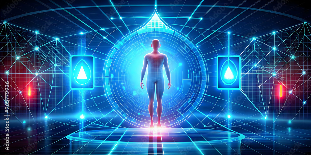 Naklejka premium Vibrant Flat Glowing Abstract Digital Art for World Diabetes Day: Geometric Patterns & Futuristic Blood Sugar Monitoring Device in Neon Blue