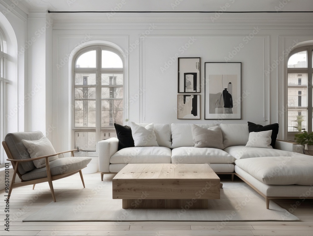 Obraz premium Modern White Living Room with Sectional Sofa and Wooden Coffee Table