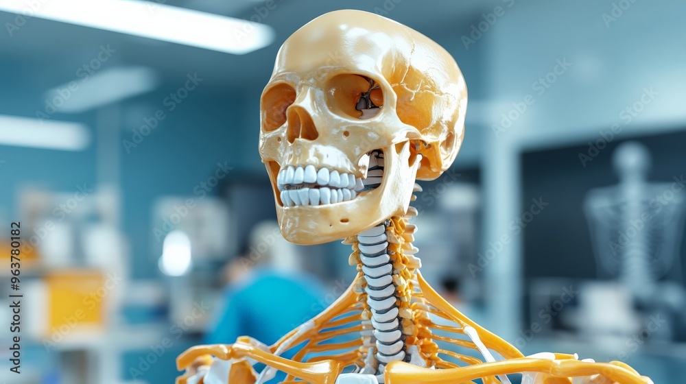 Close-up of a human skeleton model in a classroom or laboratory setting. The educational tool is detailed and anatomically accurate. Close-up of a human skeleton model in a classroom or laboratory setting. The educational tool is detailed and anatomically accurate.