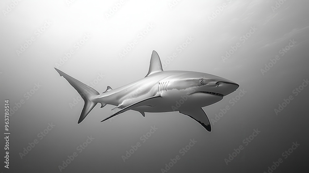 A sleek shark swimming against a plain white background, emphasizing its streamlined shape A sleek shark swimming against a plain white background, emphasizing its streamlined shape