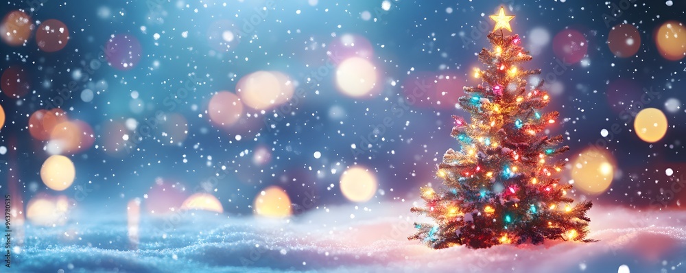 A Decorated Christmas Tree in a Snowy Winter Landscape A Decorated Christmas Tree in a Snowy Winter Landscape