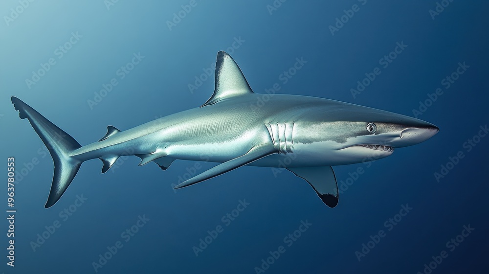 Fototapeta premium A sleek shark swimming against a plain white background, emphasizing its streamlined shape