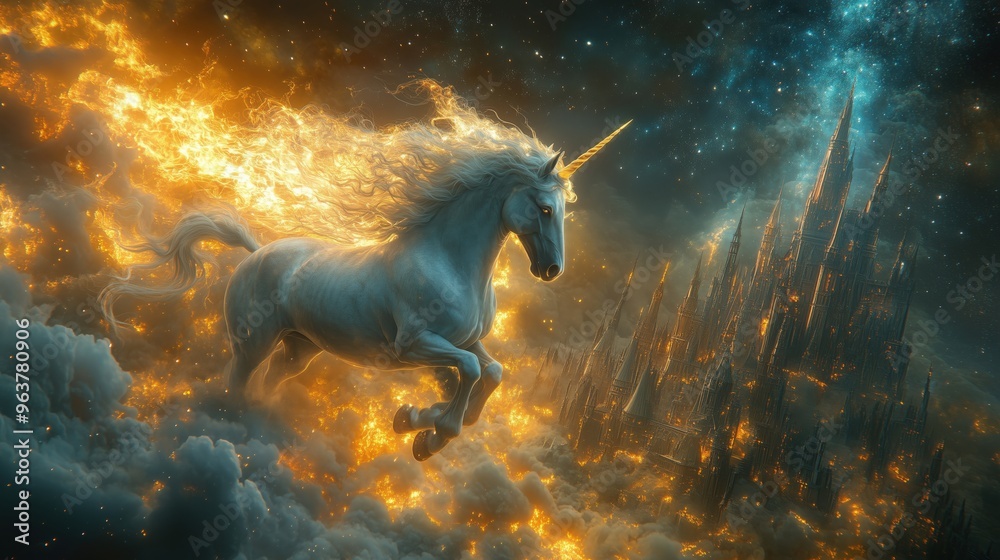 Ghost unicorn with translucent wings flying over a haunted castle under ...