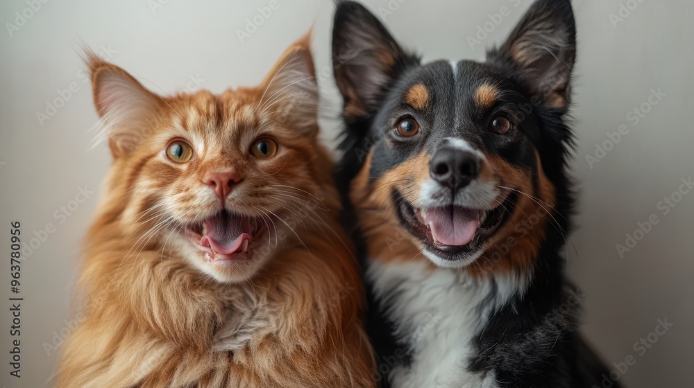 Obraz premium Adopt a pet advertisement with a happy dog and cat, white background