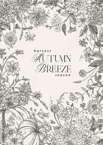 Floral vertical frame with pumpkins, flowers and berries. Vector botanical illustration. Harvest festival. Engraving style. Vintage. Black and white